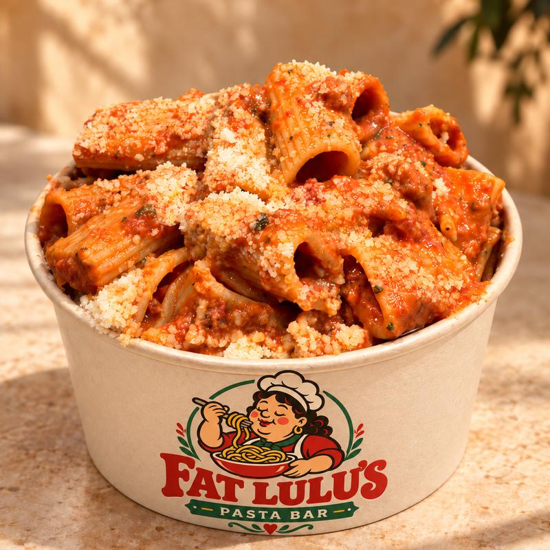 Fettuccine Bolognese in a Fat Lulu's bowl