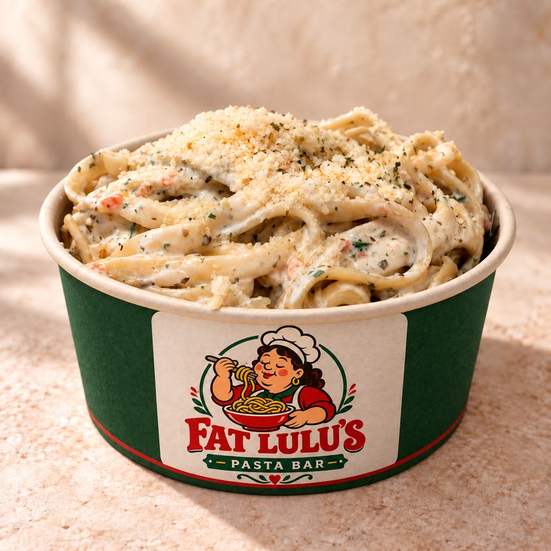 Fettuccine Alfredo in a Fat Lulu's bowl