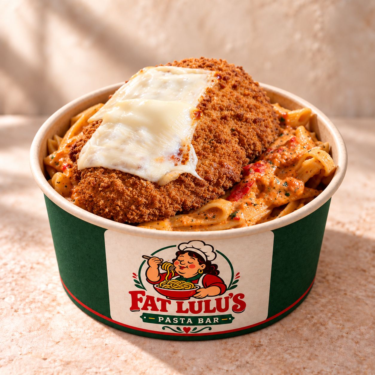 Chicken Parmesan Pasta topped with melted mozzarella in a Fat Lulu's bowl